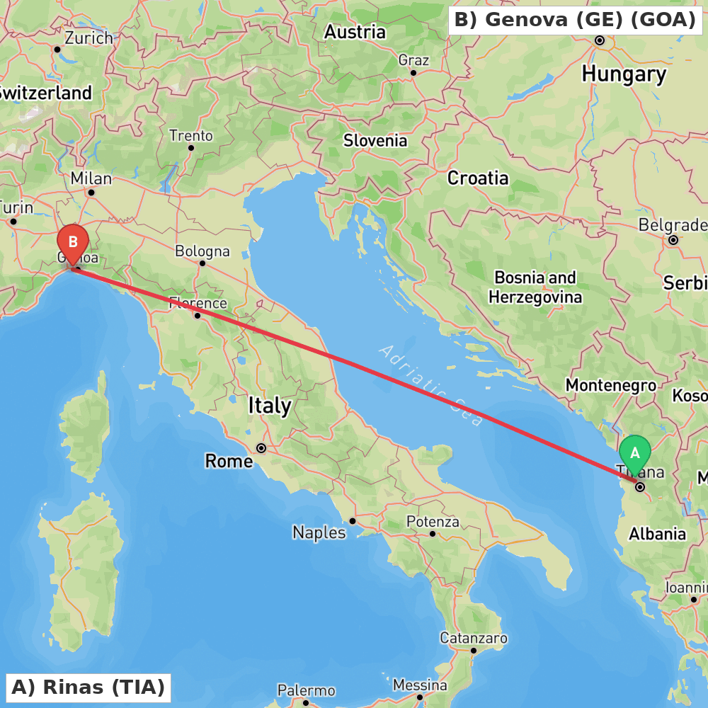 Flight route map from Rinas to Genova (GE)