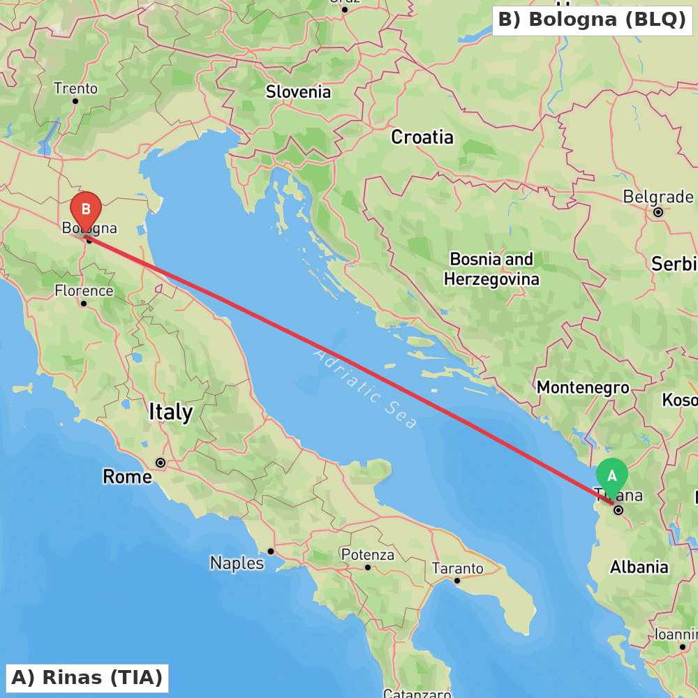 Flight route map from Rinas to Bologna