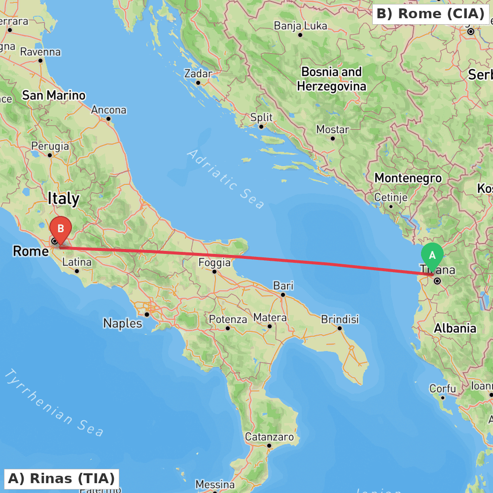Flight route map from Rinas to Rome