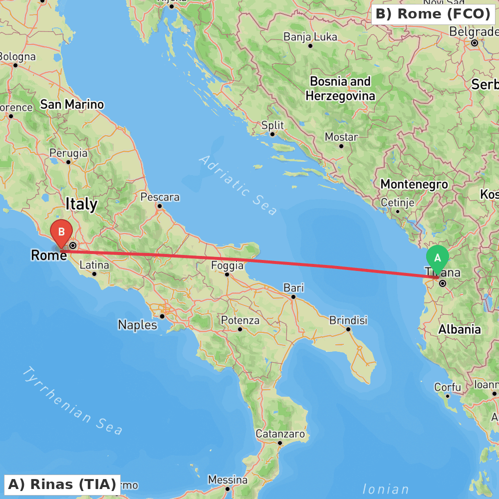 Flight route map from Rinas to Rome