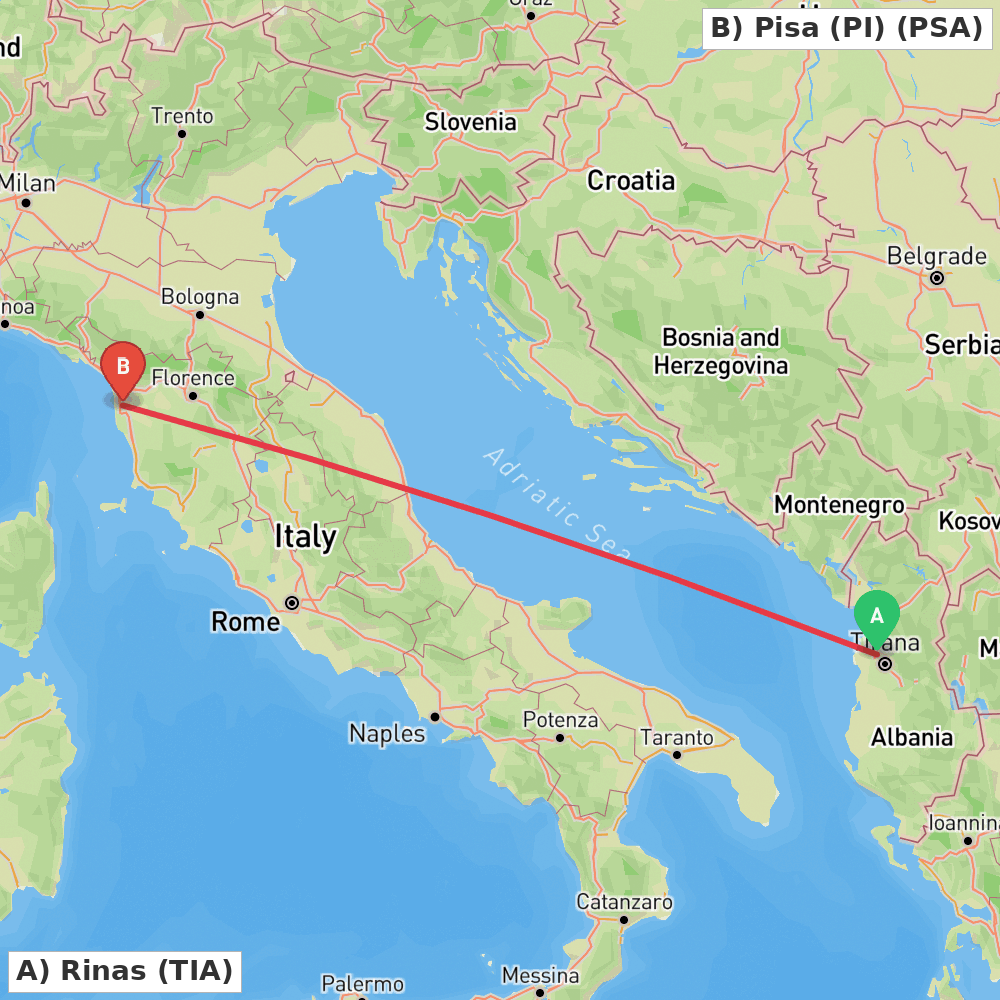 Flight route map from Rinas to Pisa (PI)