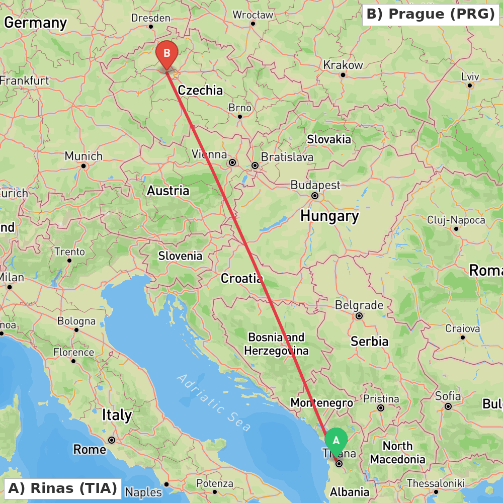Flight route map from Rinas to Prague