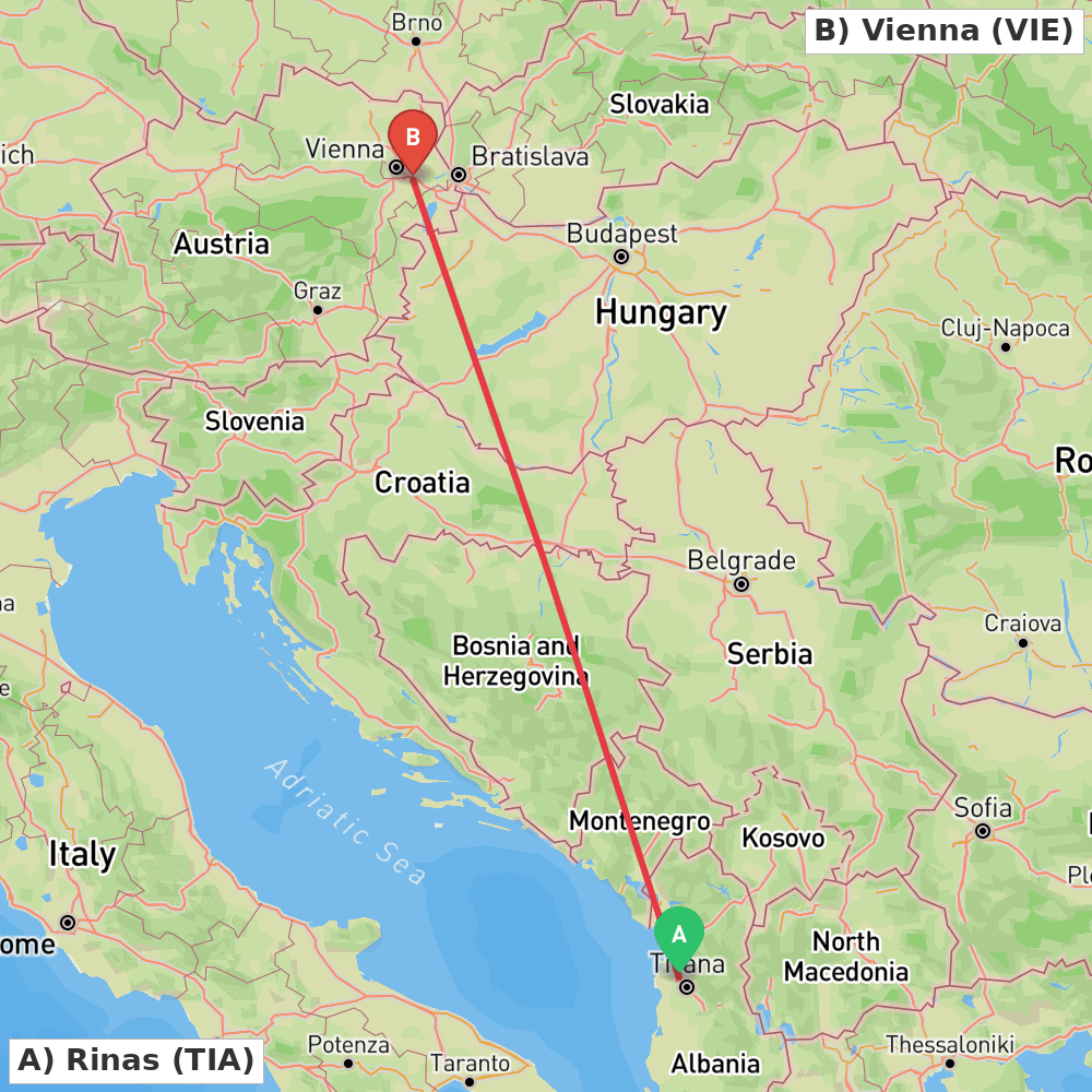 Flight route map from Rinas to Vienna