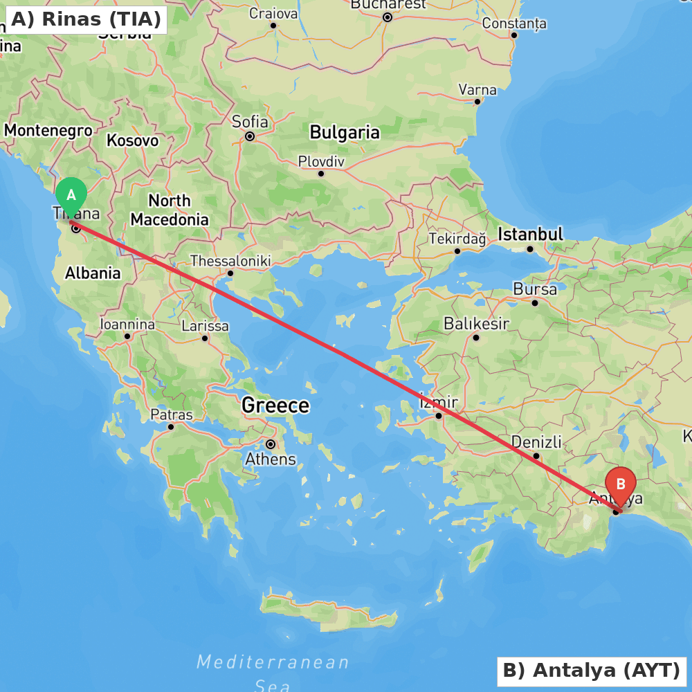 Flight route map from Rinas to Antalya