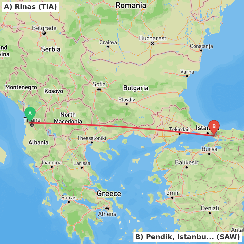 Flight route map from Rinas to Pendik, Istanbul