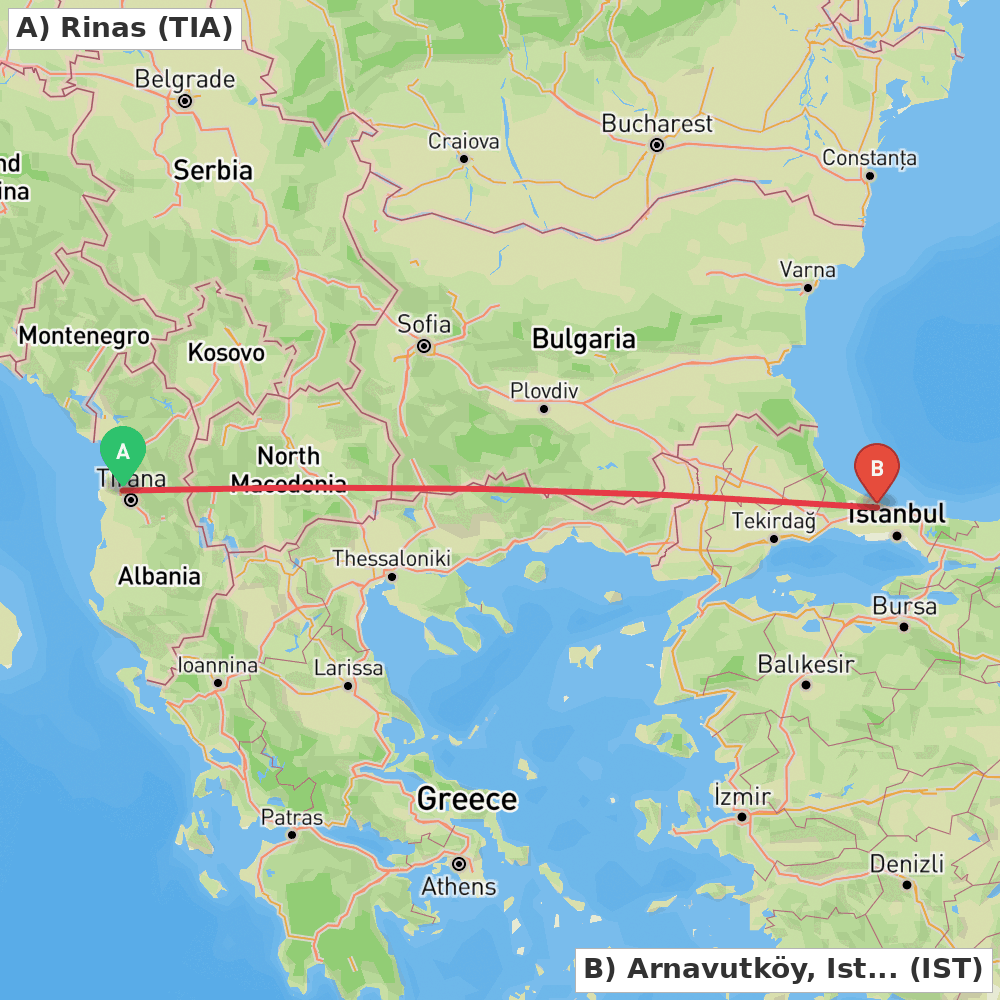 Flight route map from Rinas to Arnavutköy, Istanbul