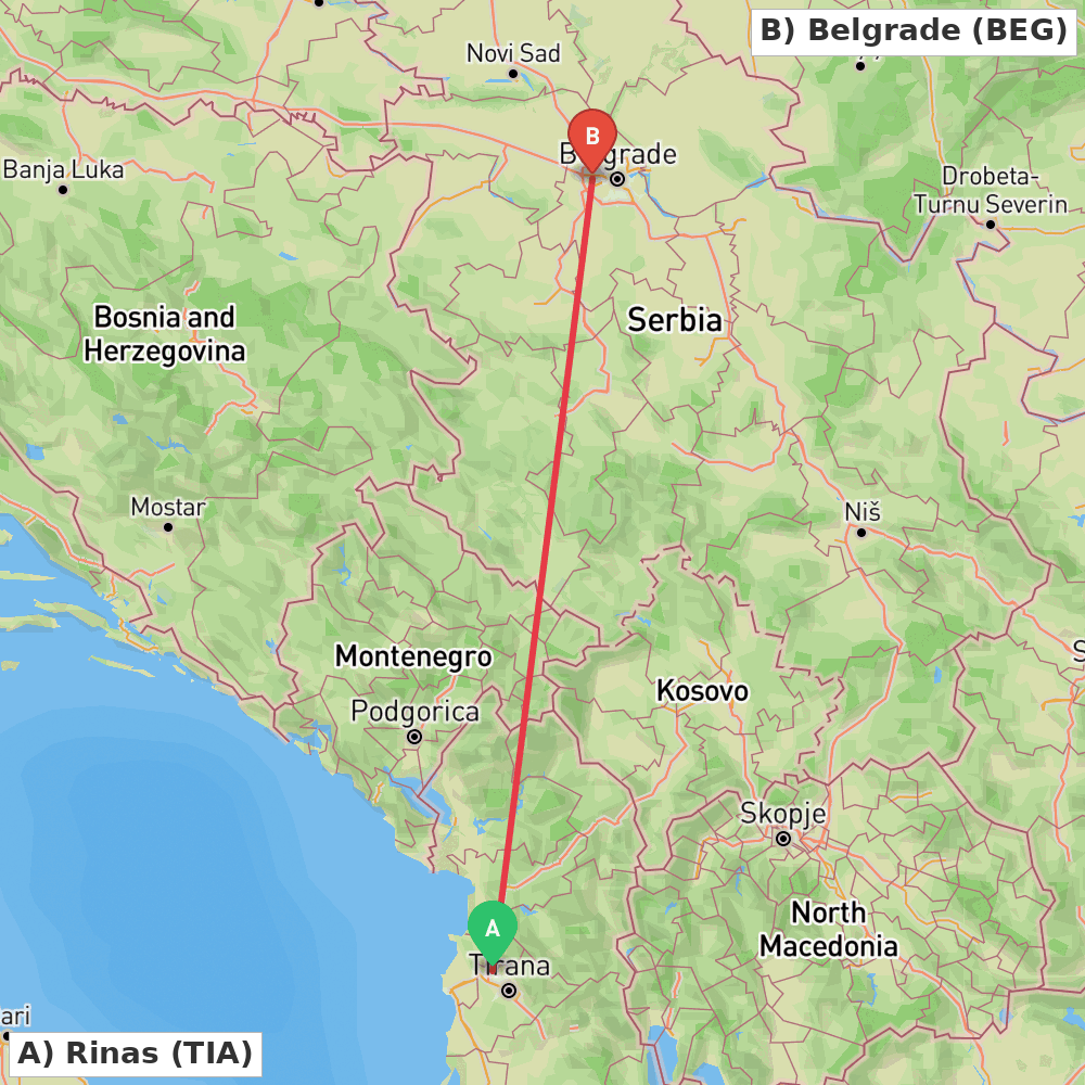 Flight route map from Rinas to Belgrade