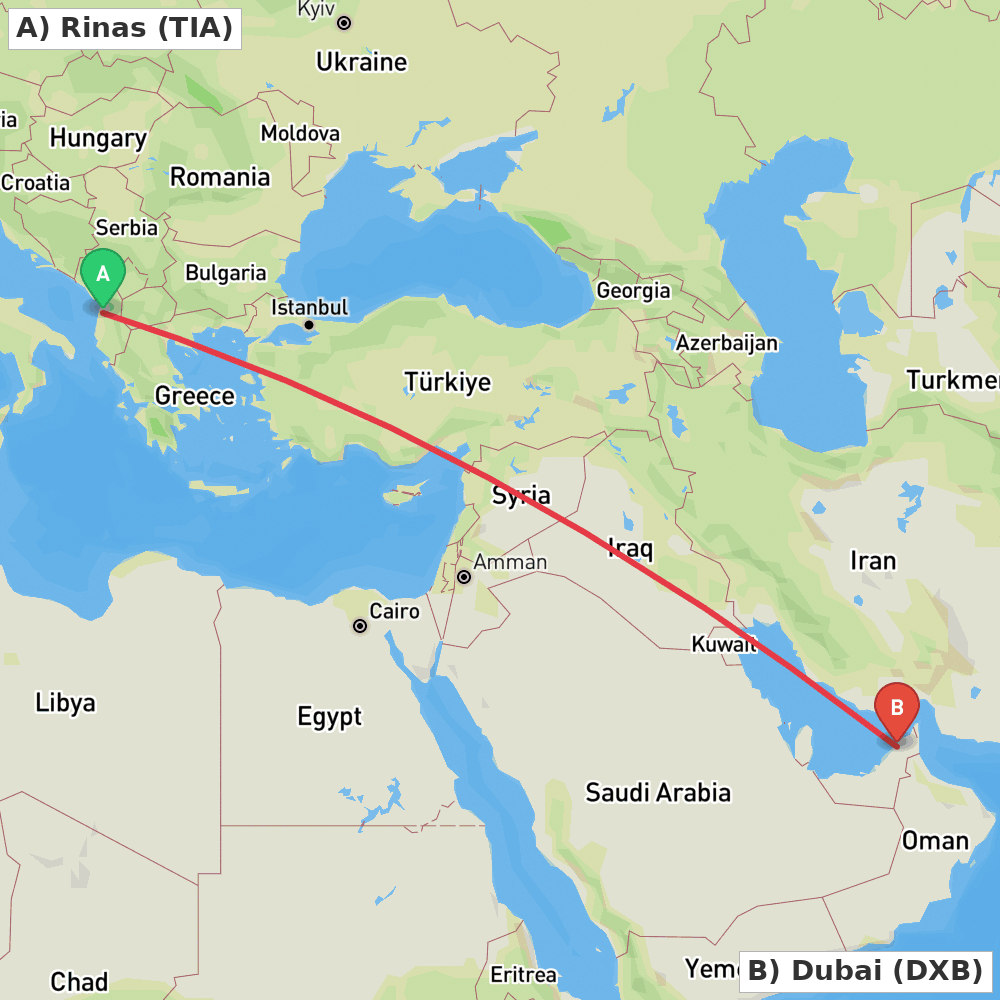 Flight route map from Rinas to Dubai
