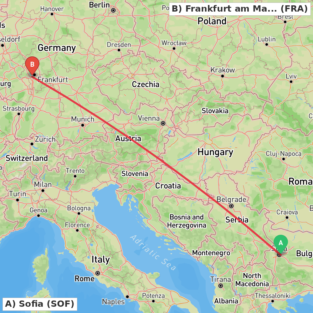 Flight route map from Sofia to Frankfurt am Main