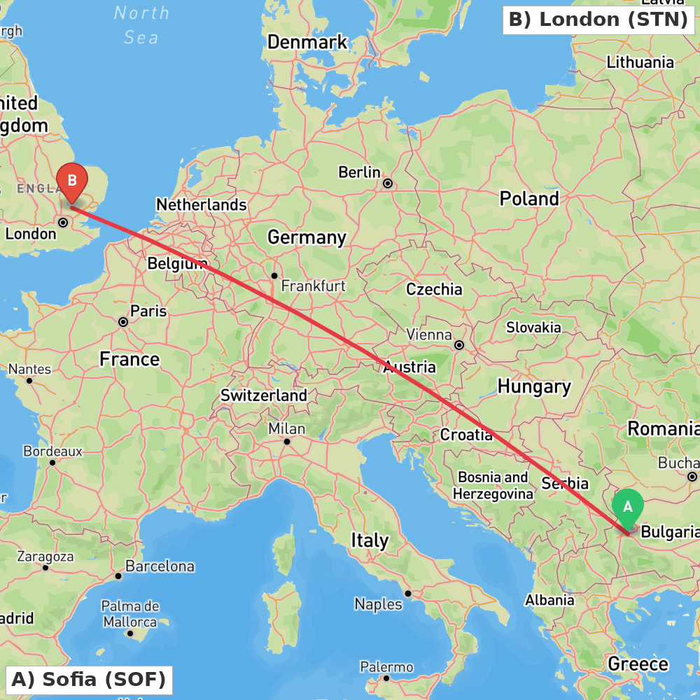 Flight route map from Sofia to London