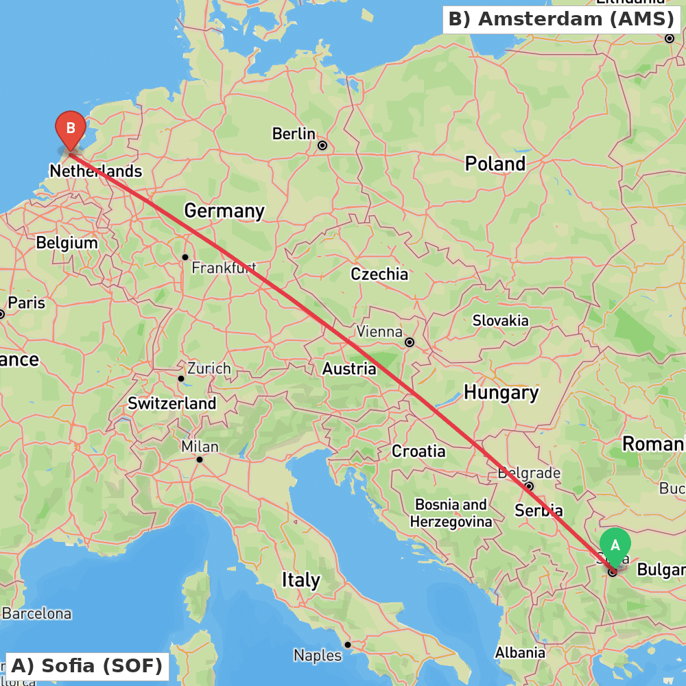 Flight route map from Sofia to Amsterdam