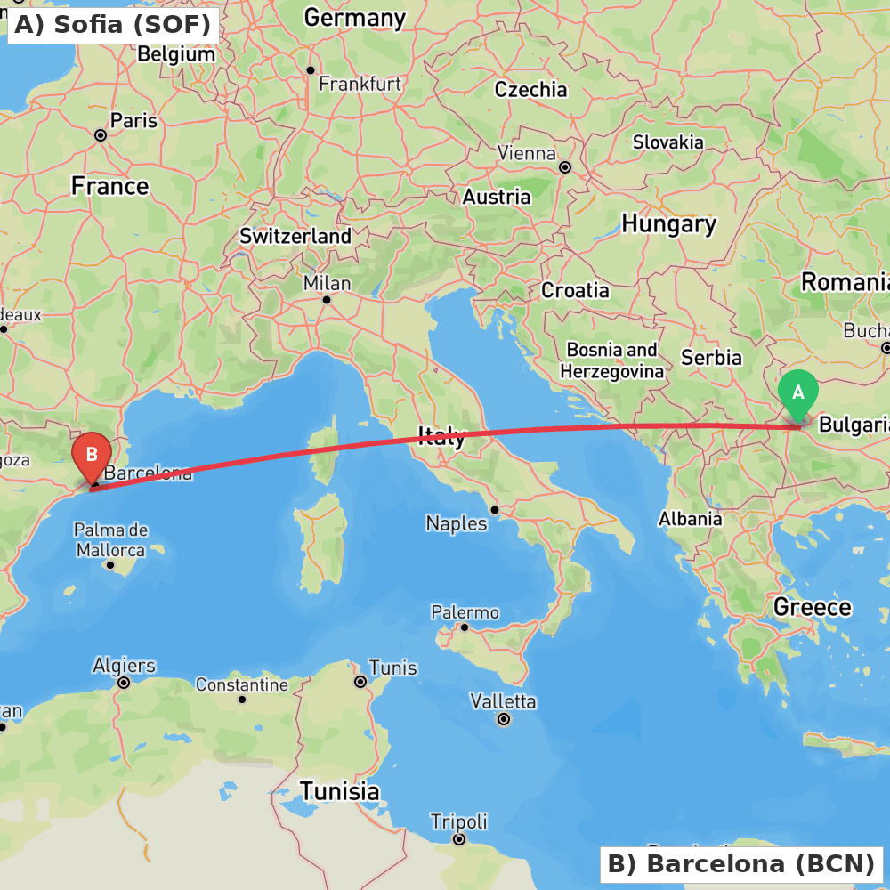 Flight route map from Sofia to Barcelona