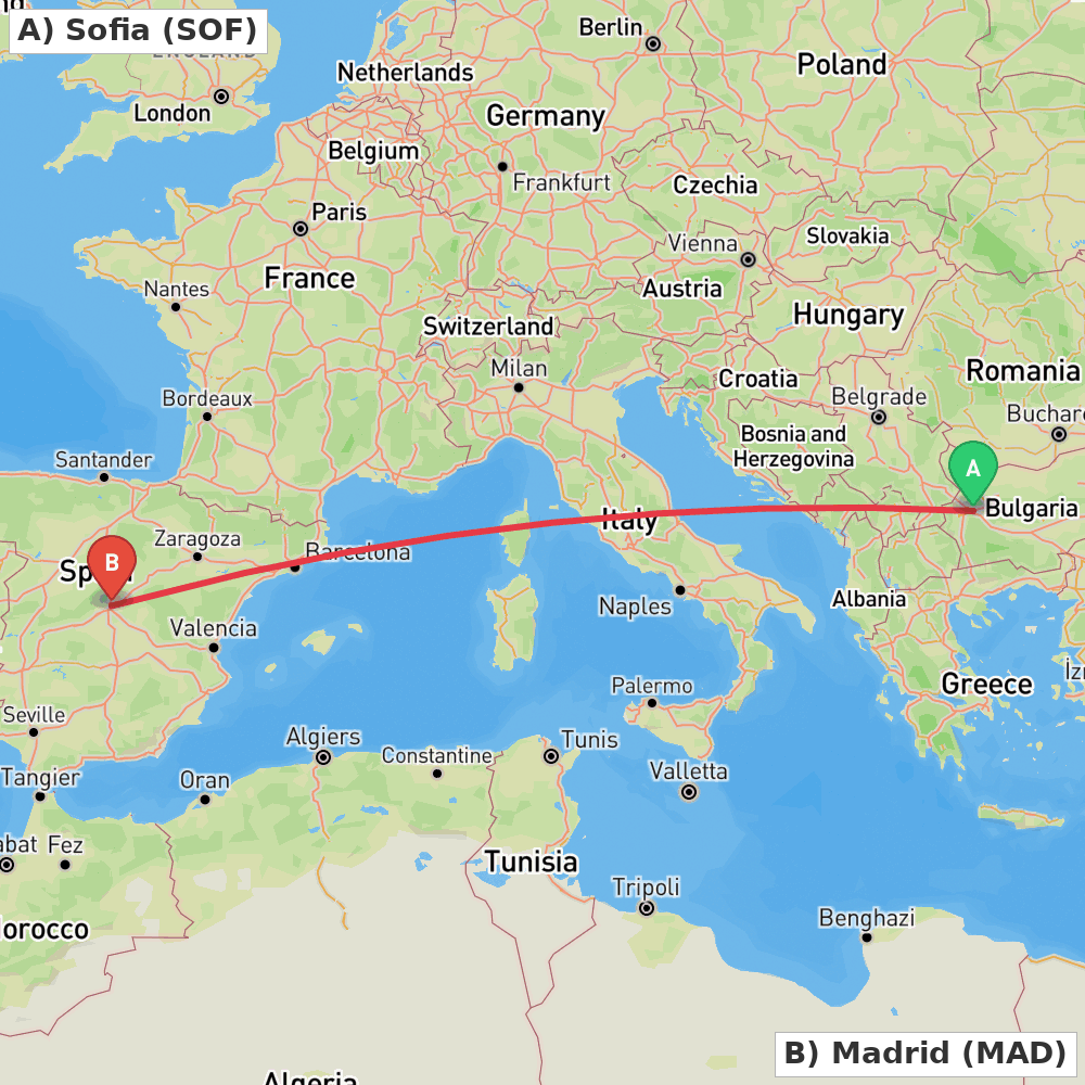Flight route map from Sofia to Madrid