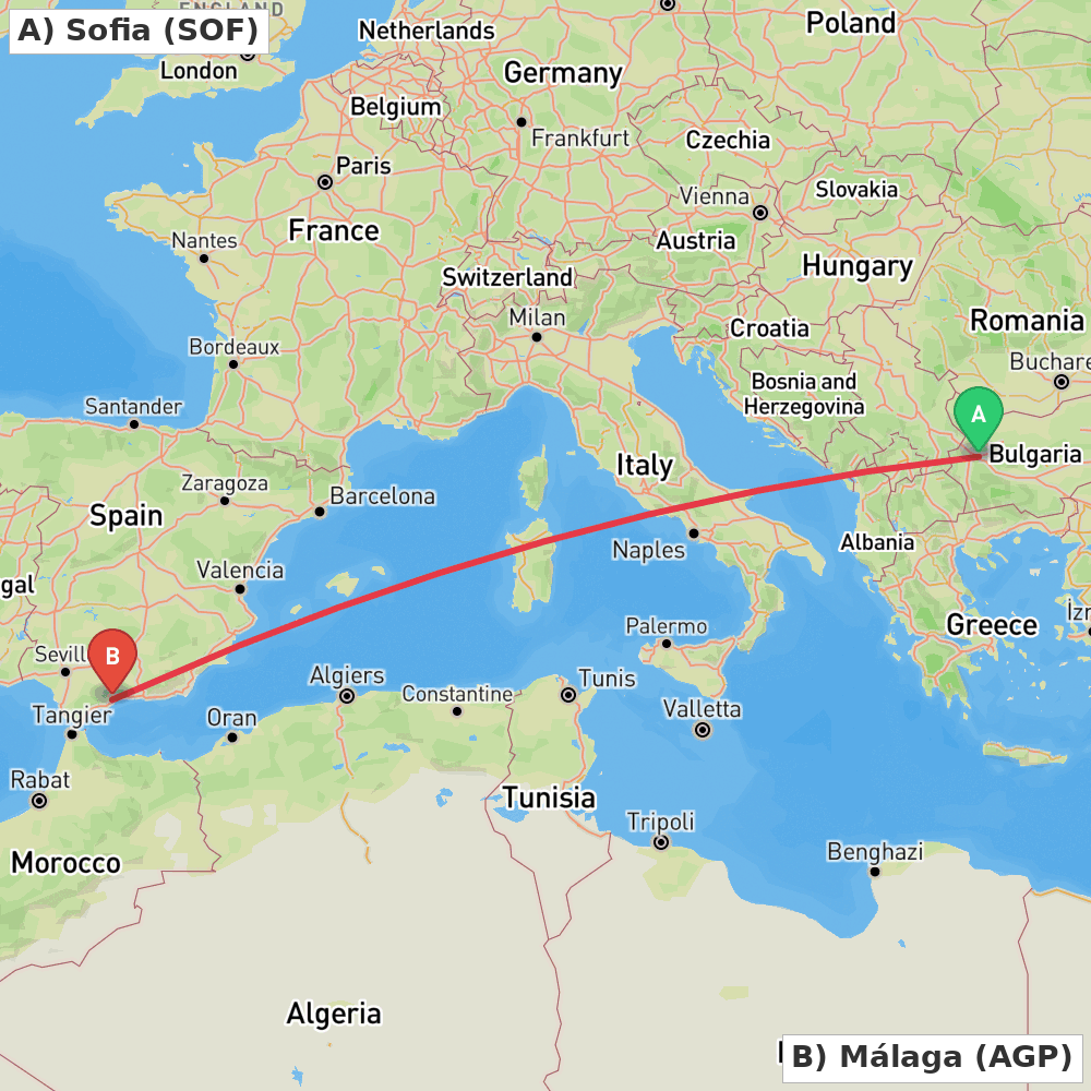 Flight route map from Sofia to Málaga