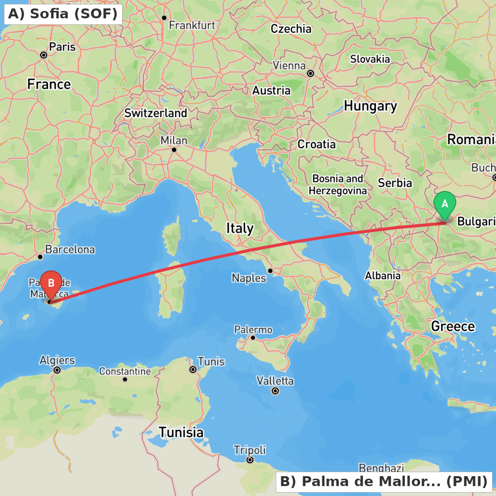 Flight route map from Sofia to Palma de Mallorca