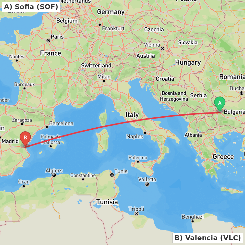 Flight route map from Sofia to Valencia