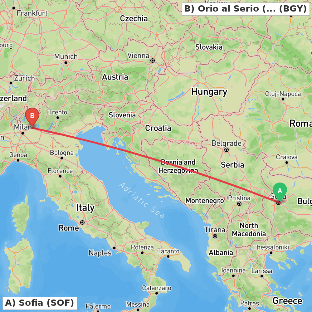 Flight route map from Sofia to Orio al Serio (BG)
