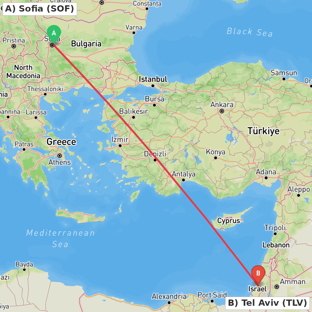 Flight route map from Sofia to Tel Aviv