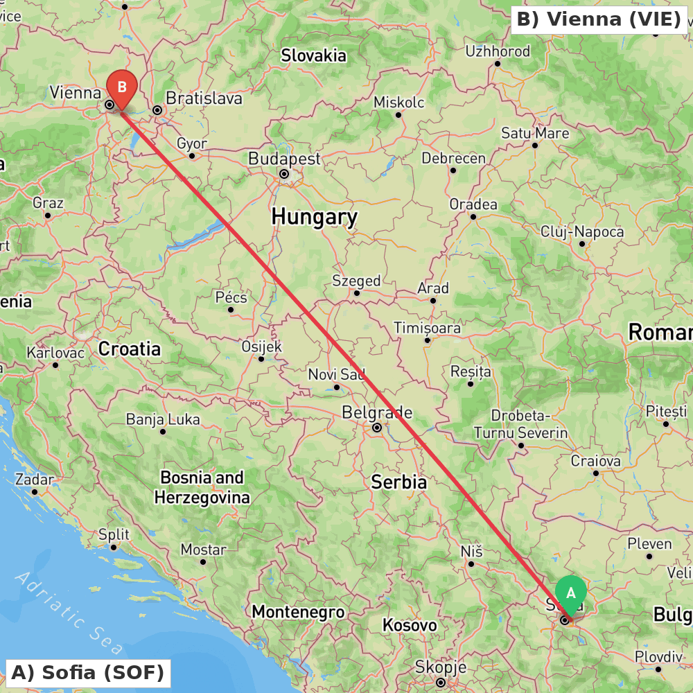 Flight route map from Sofia to Vienna