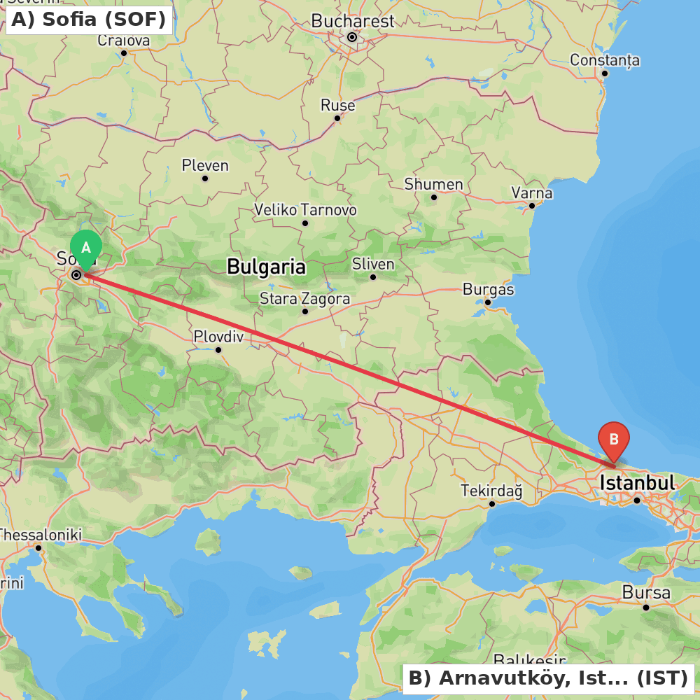 Flight route map from Sofia to Arnavutköy, Istanbul