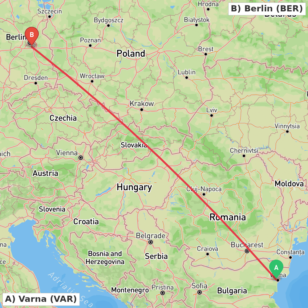 Flight route map from Varna to Berlin