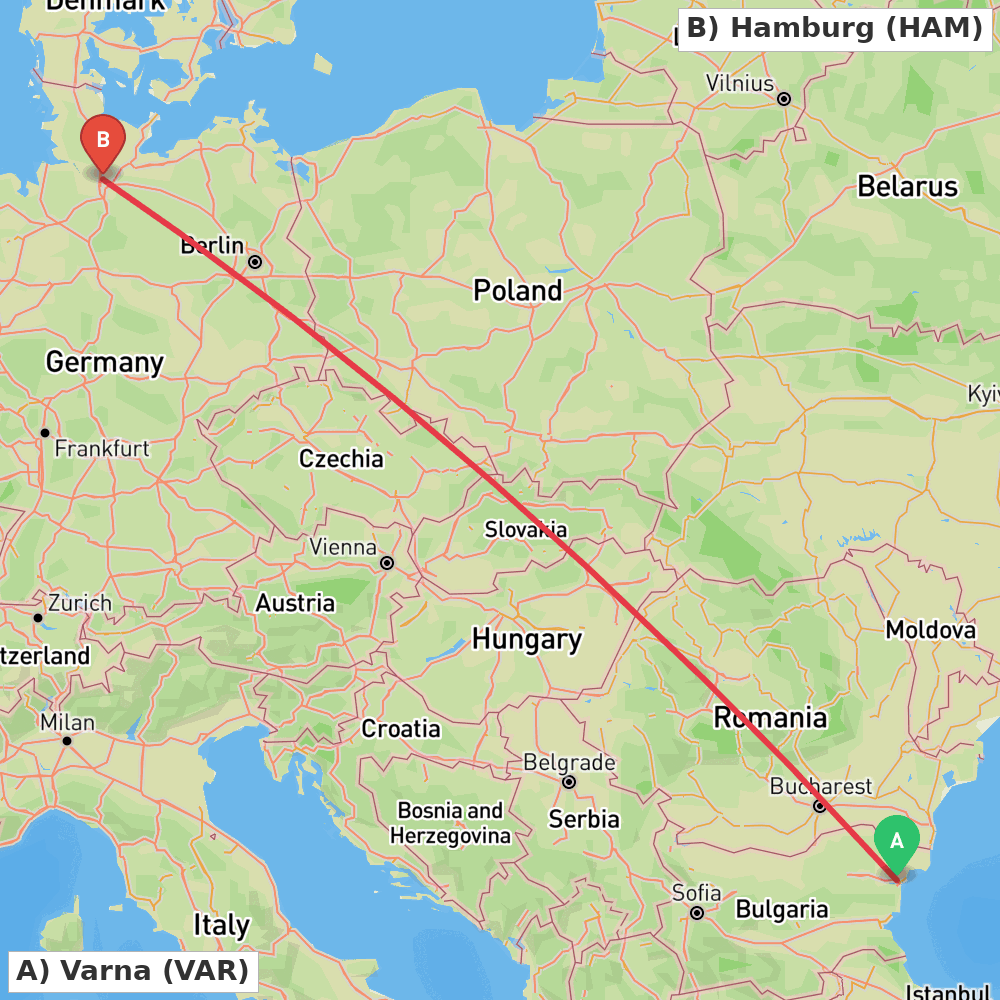 Flight route map from Varna to Hamburg