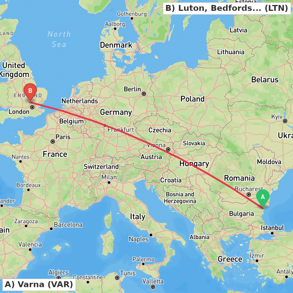 Flight route map from Varna to Luton, Bedfordshire