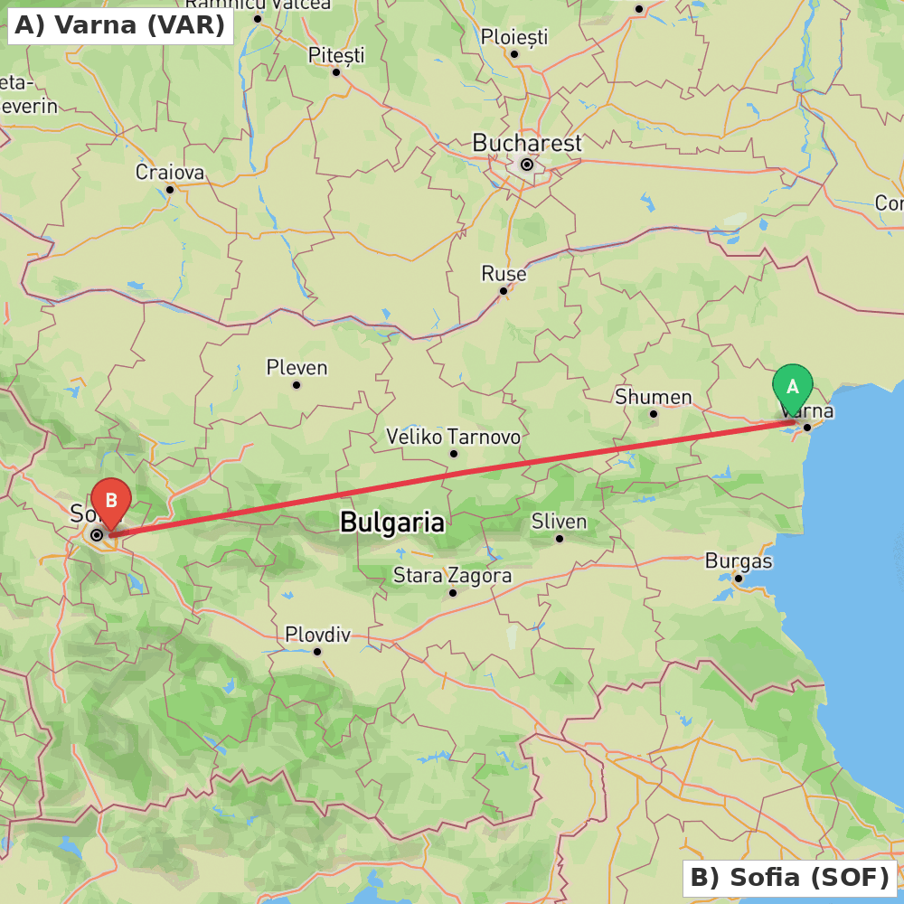 Flight route map from Varna to Sofia