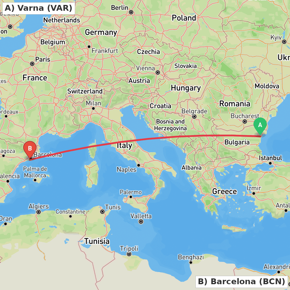 Flight route map from Varna to Barcelona