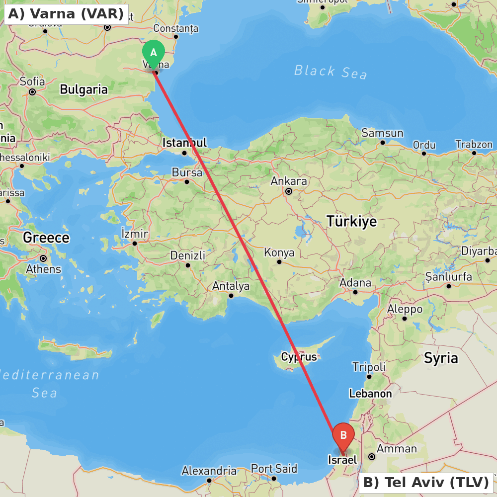 Flight route map from Varna to Tel Aviv