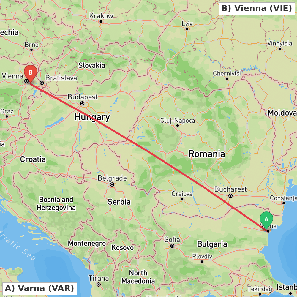 Flight route map from Varna to Vienna