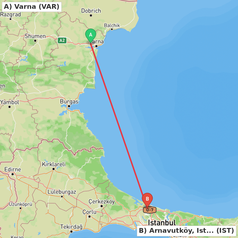 Flight route map from Varna to Arnavutköy, Istanbul