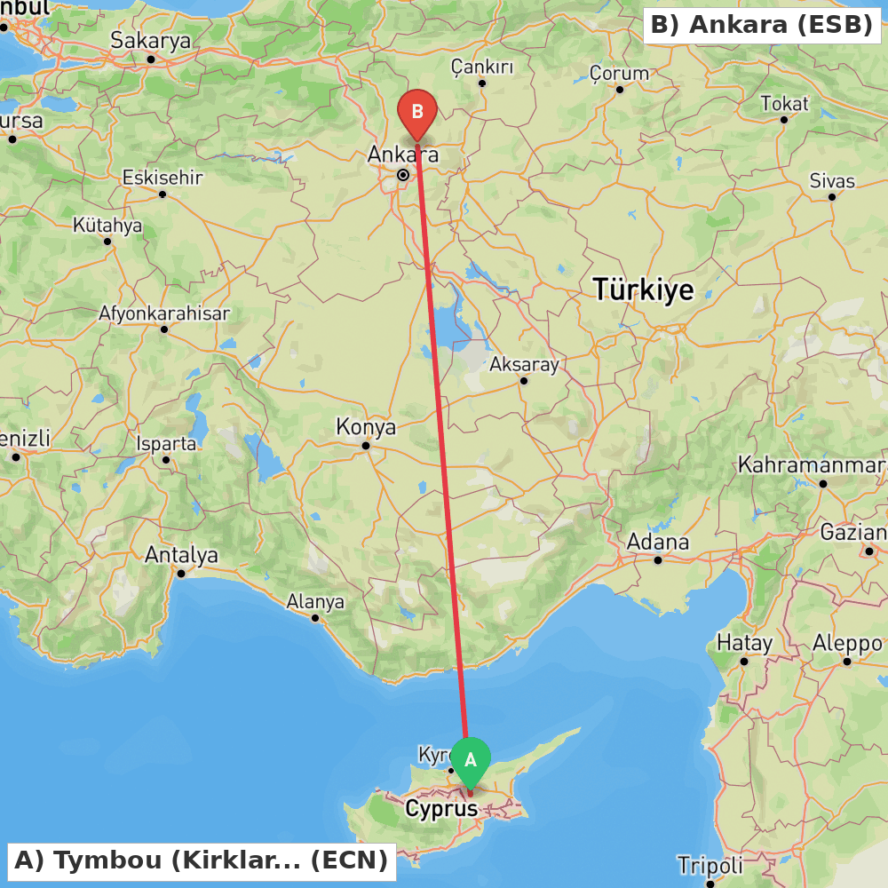 Flight route map from Tymbou (Kirklar) to Ankara