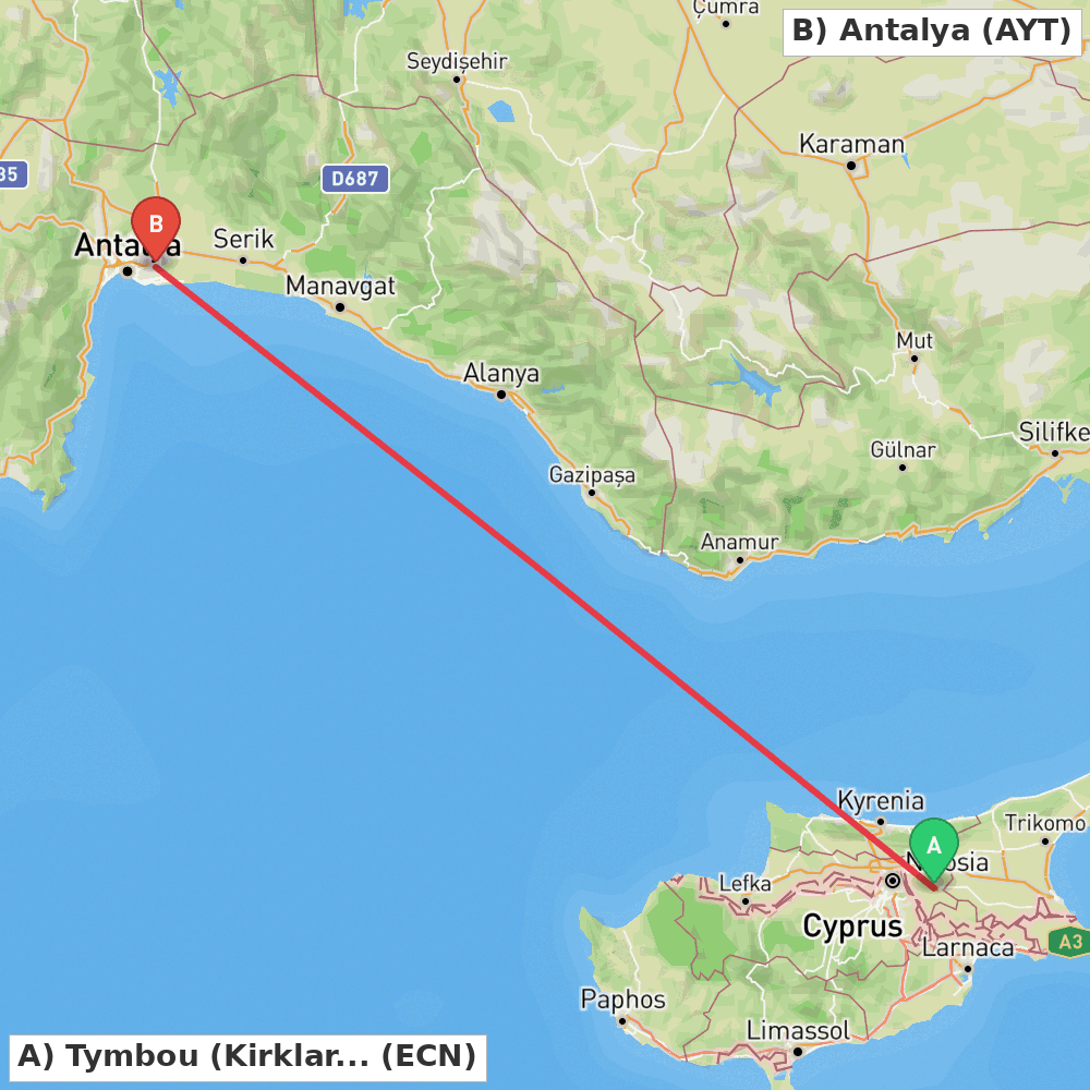 Flight route map from Tymbou (Kirklar) to Antalya