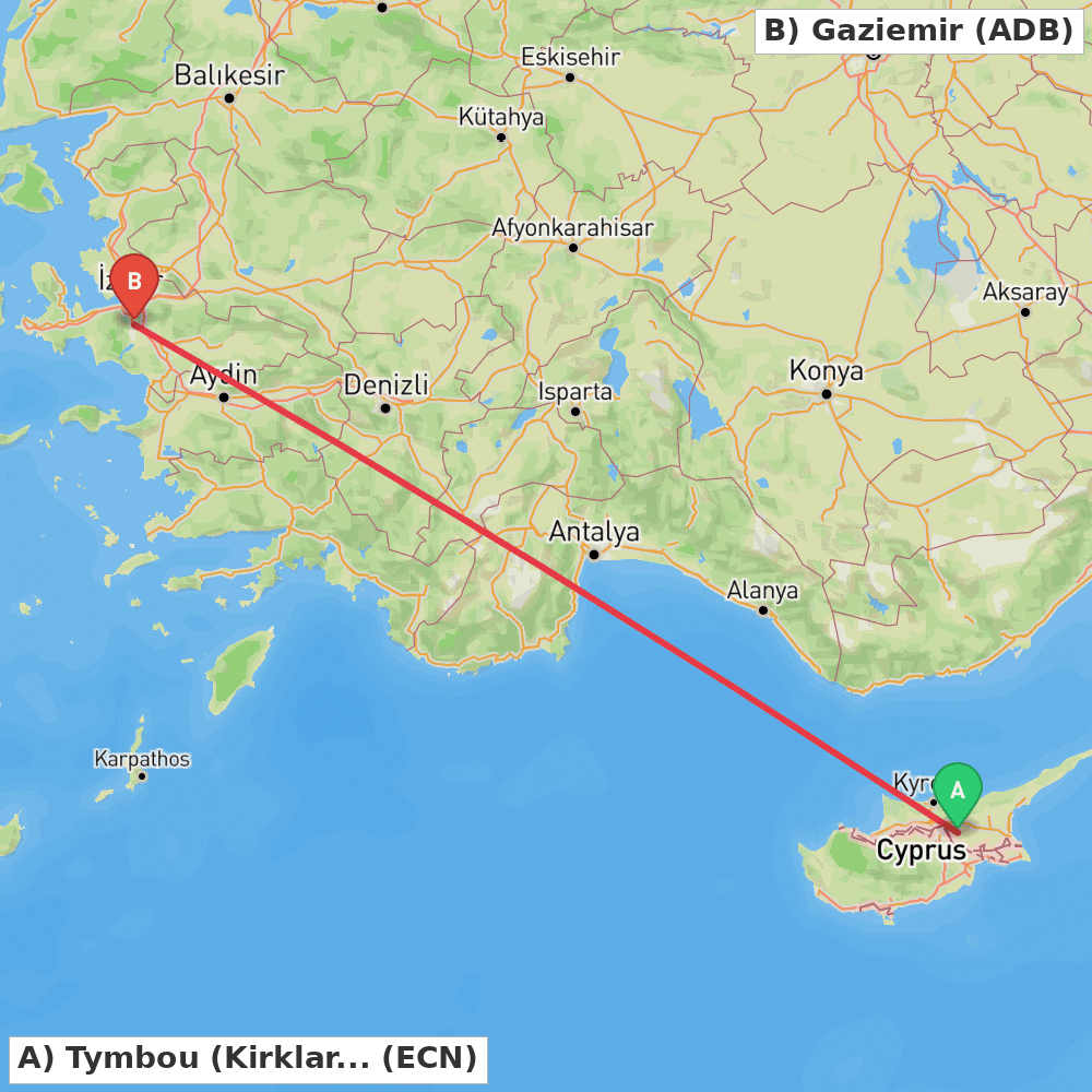 Flight route map from Tymbou (Kirklar) to Gaziemir