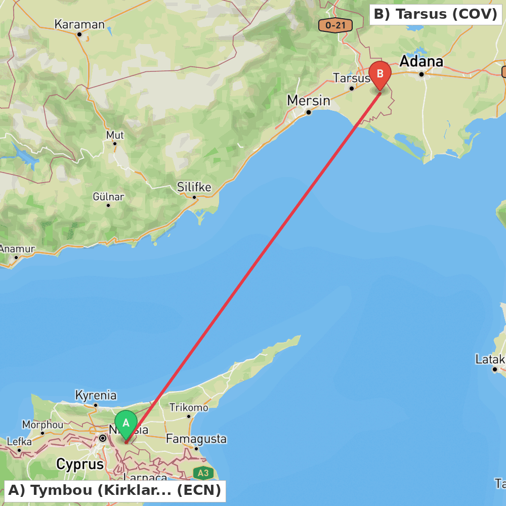 Flight route map from Tymbou (Kirklar) to Tarsus