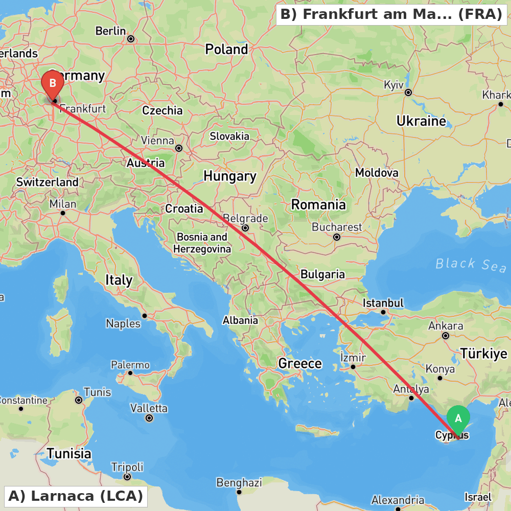 Flight route map from Larnaca to Frankfurt am Main