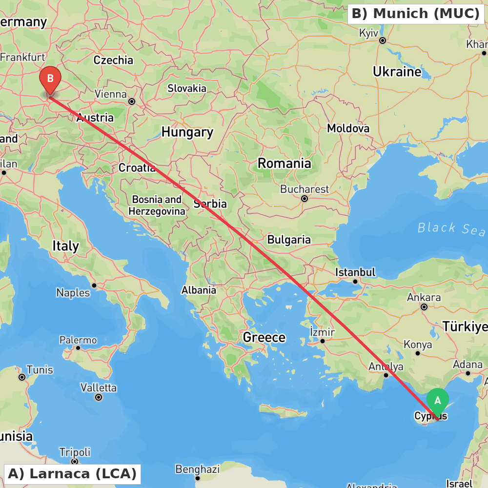 Flight route map from Larnaca to Munich