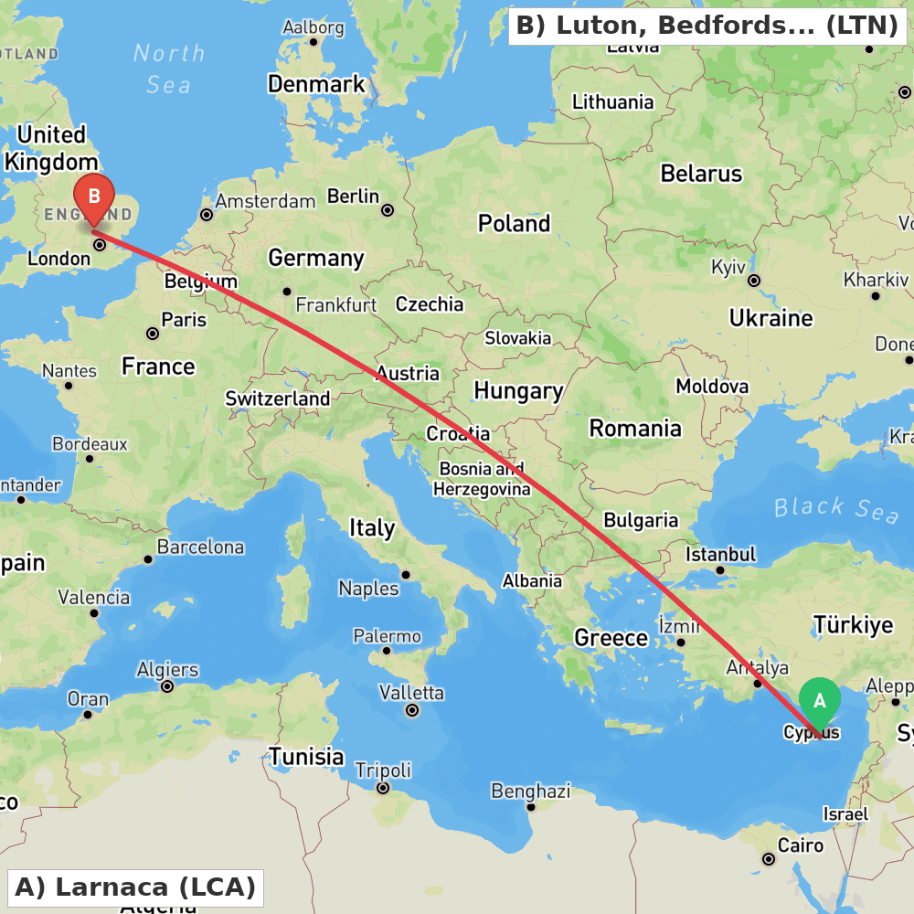 Flight route map from Larnaca to Luton, Bedfordshire