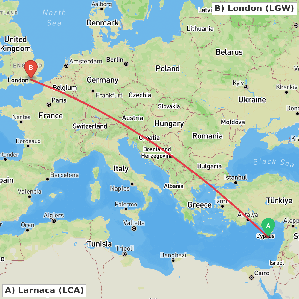 Flight route map from Larnaca to London