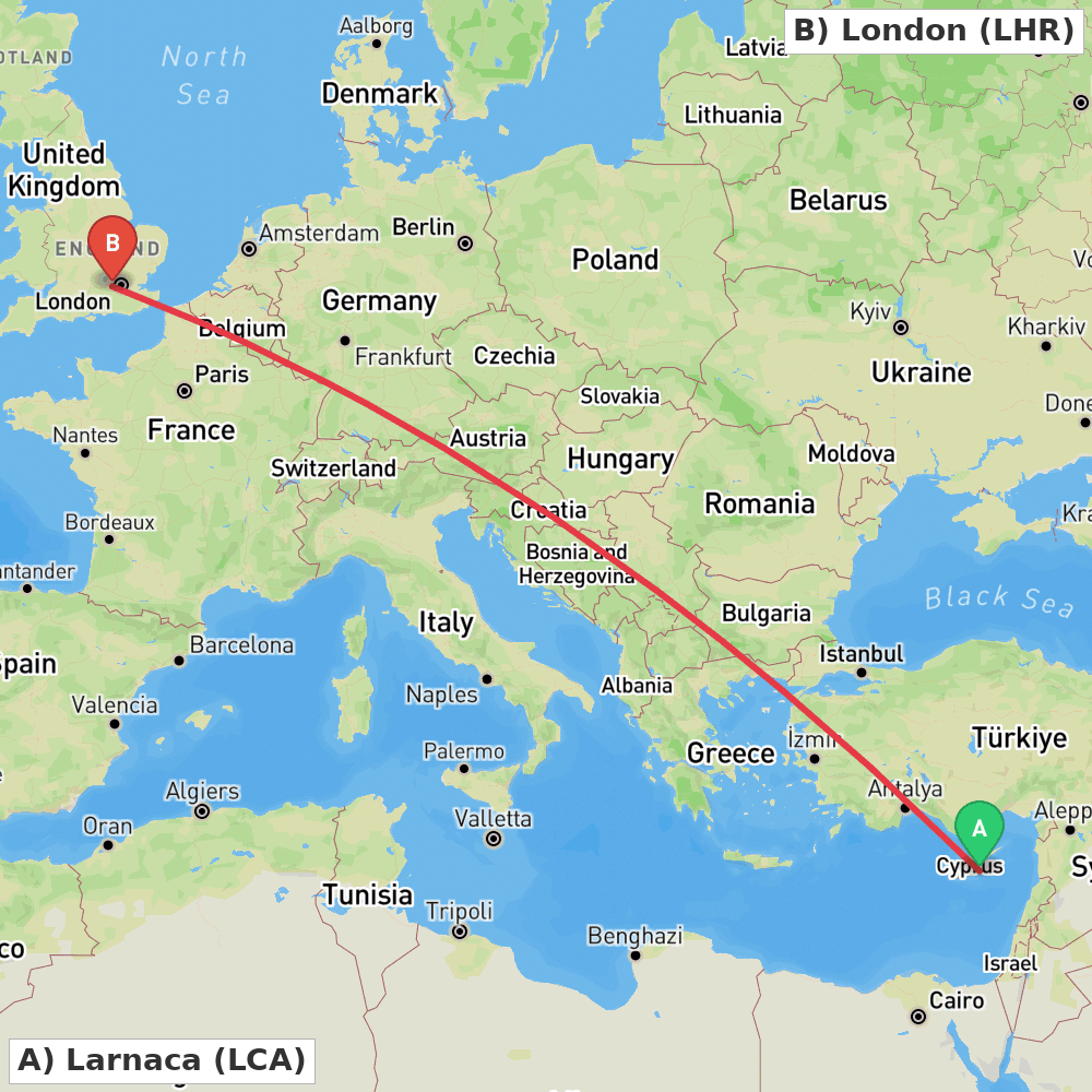 Flight route map from Larnaca to London