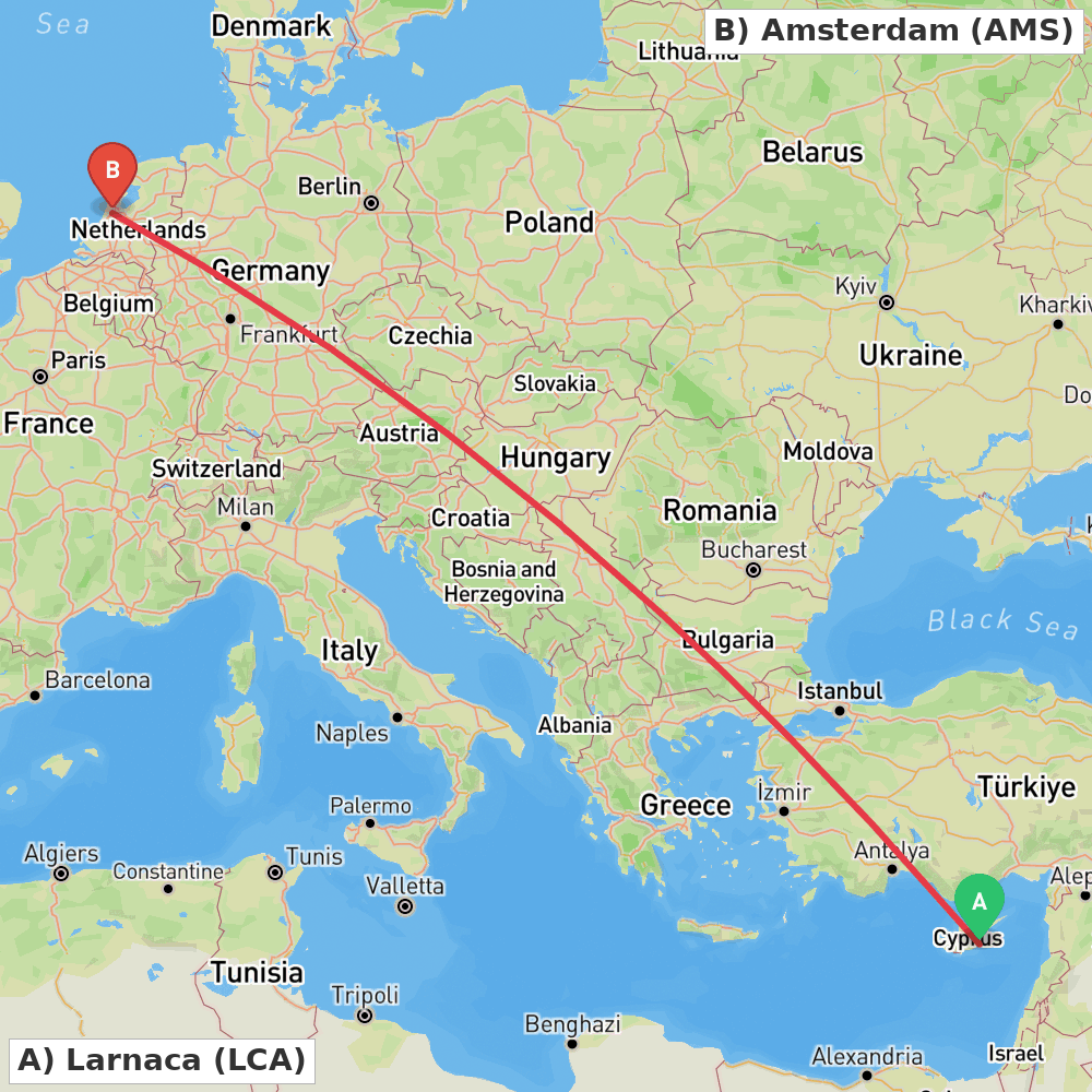 Flight route map from Larnaca to Amsterdam