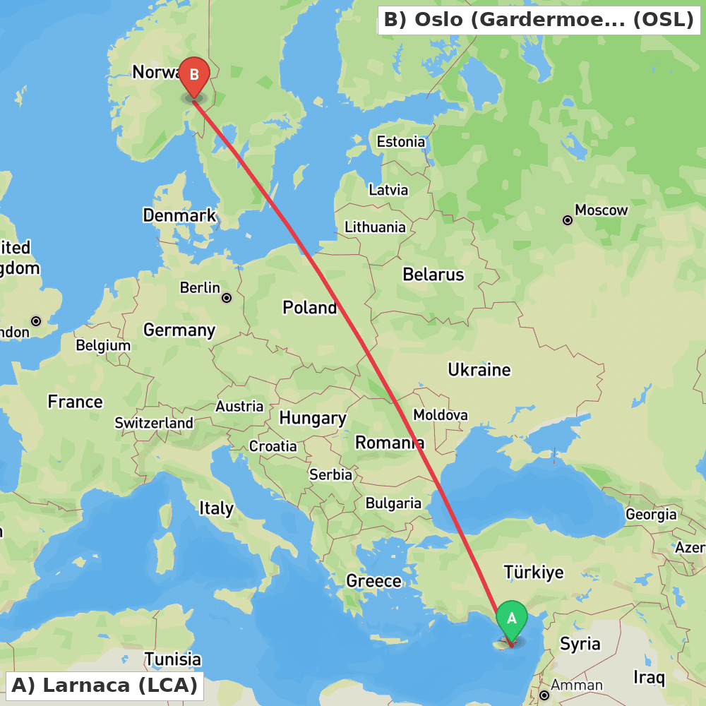Flight route map from Larnaca to Oslo (Gardermoen)