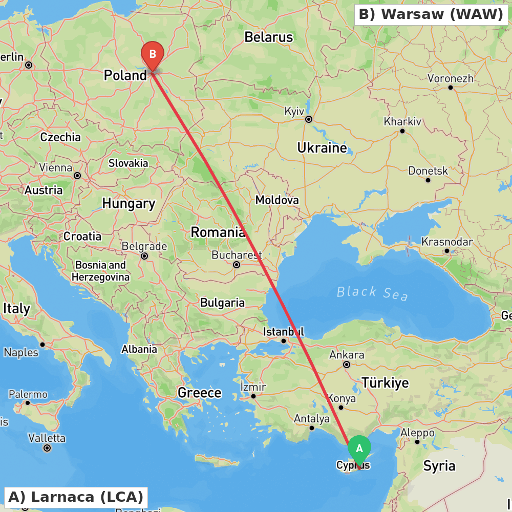 Flight route map from Larnaca to Warsaw