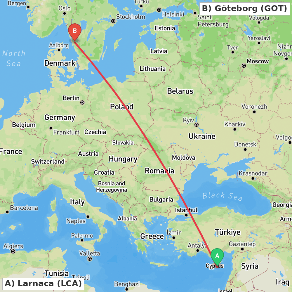 Flight route map from Larnaca to Göteborg