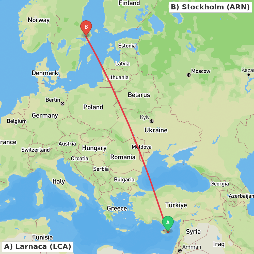 Flight route map from Larnaca to Stockholm
