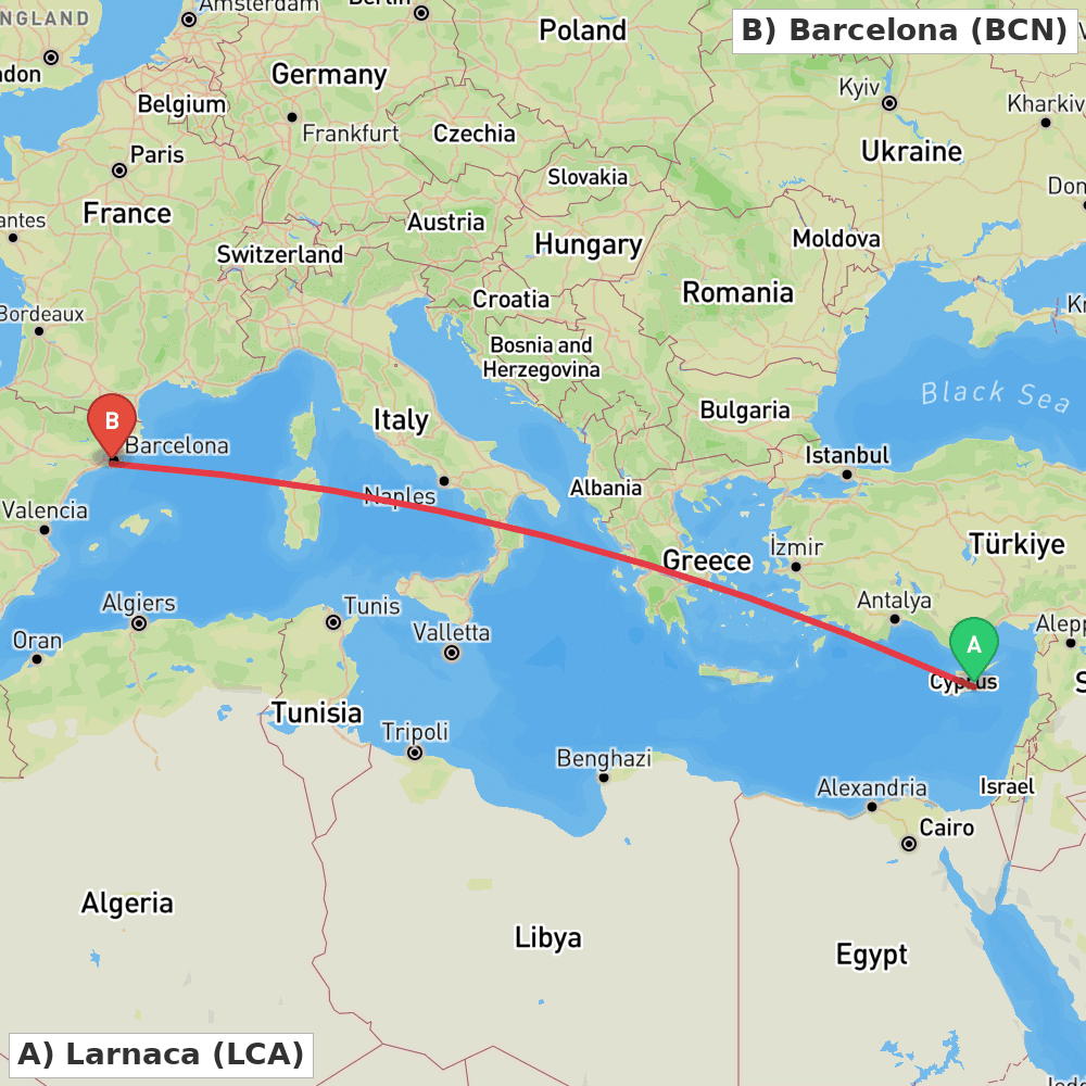 Flight route map from Larnaca to Barcelona