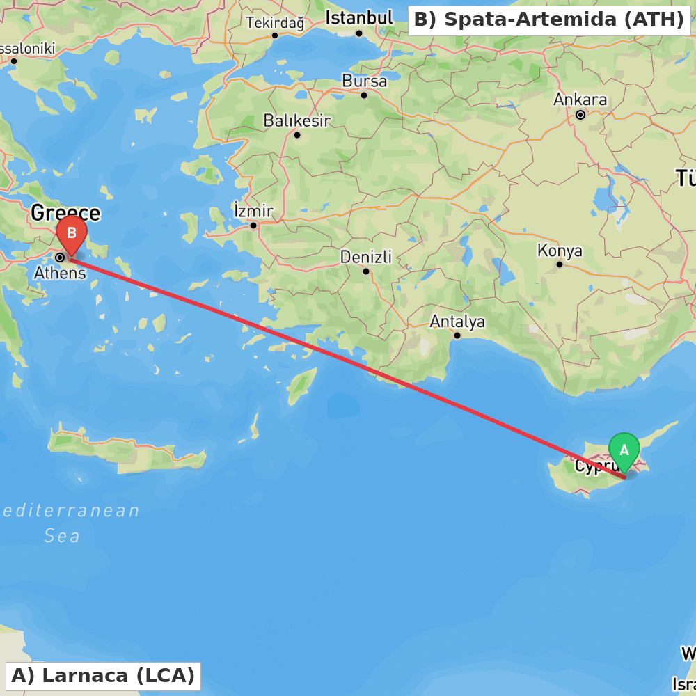 Flight route map from Larnaca to Spata-Artemida
