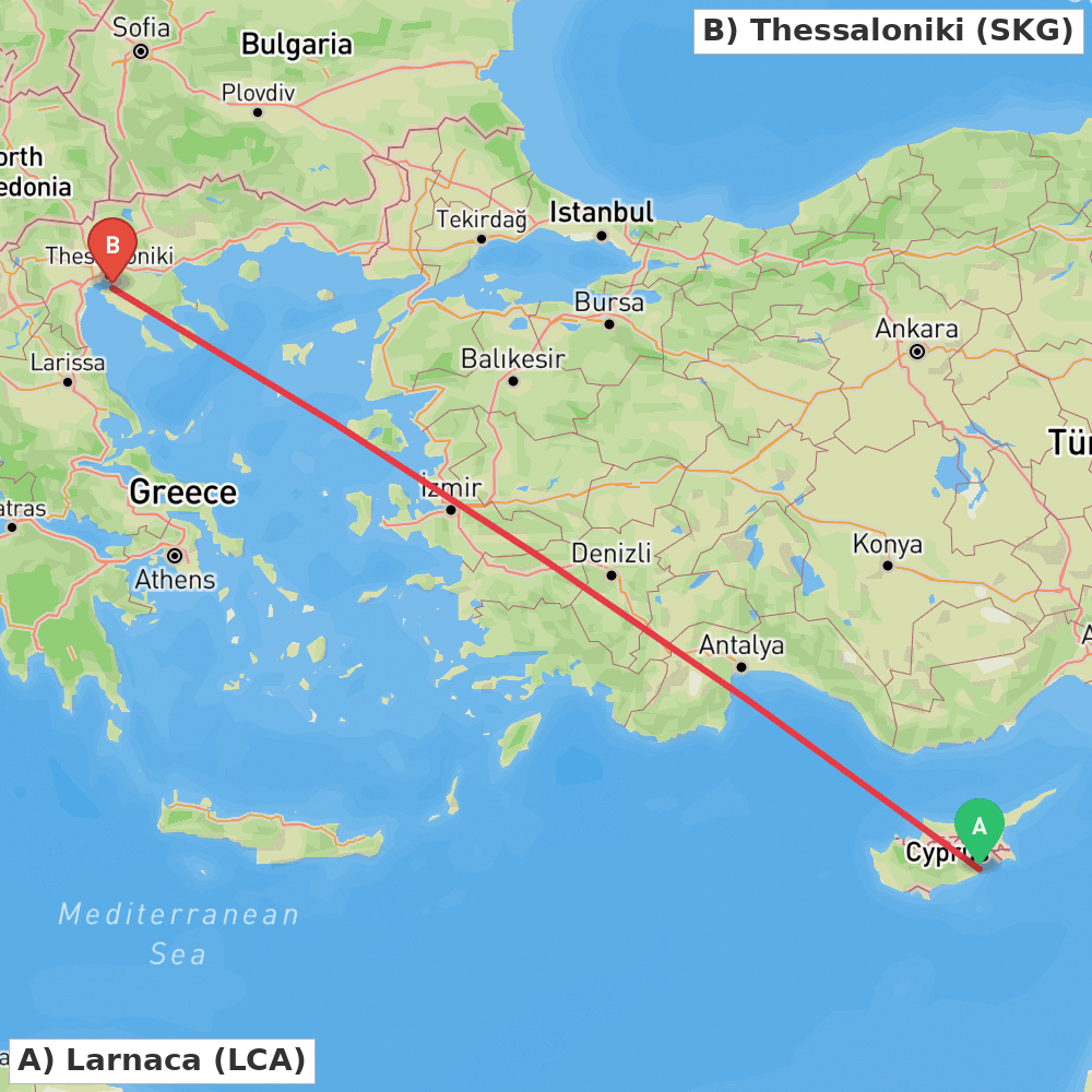 Flight route map from Larnaca to Thessaloniki