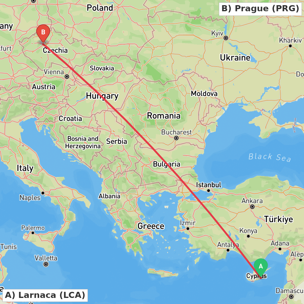 Flight route map from Larnaca to Prague